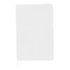 A blank A5 notebook in white, featuring a smooth cover and an elastic band for closure. It includes a branding logo.