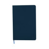 A dark blue A5 notebook with a smooth cover and a matching blue ribbon bookmark, featuring a logo on the front.