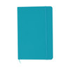 A teal A5 notebook with a smooth cover and an elastic band closure, featuring a logo.