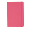 A pink A5 notebook with a matching elastic band and ribbon bookmark, featuring a smooth, matte cover.