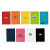 A collection of colourful A5 notebooks in various shades, featuring different logos and branding on the covers.