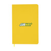 A yellow A5 notebook features an emblem and has a ribbon bookmark. It has a smooth cover and rounded edges.