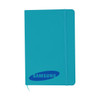 A turquoise A5 notebook with an elastic band closure and a logo on the front cover.