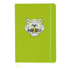 A green A5 notebook featuring a tiger logo and an elastic closure. It has a smooth finish and a bright design.