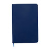A dark blue A5 notebook with a smooth cover and a ribbon bookmark, featuring a logo on the front.