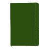 A green A5 notebook with a soft cover, an elastic band, and a ribbon bookmark. It features a logo on the front.