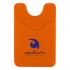 An orange phone wallet featuring a logo, designed to hold cards and a phone.