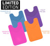 A selection of four phone wallets in Powder Blue, Violet, Magenta, and Tangerine, featuring a textured design and logos.