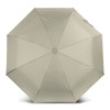 A compact umbrella in a light khaki colour with an octagonal shape and a central opening mechanism. It has a logo.