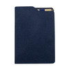 A dark blue A5 notebook with a textured cover, featuring a pen included and a pocket on the side.