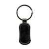 A gunmetal keychain featuring a sleek design with a smooth black surface and a metal ring.