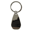 A drink bottle opener keychain in gunmetal grey with a polished, teardrop-shaped design and a metal ring.