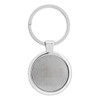 A silver Anello keychain featuring a circular design with a smooth, reflective surface and a metal ring.