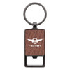 A rectangle keychain featuring a wooden texture and a circular metal ring, with a logo displayed on the front.