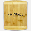 A bamboo cutting board featuring a logo, showcasing a natural wood finish and curved edges.