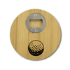 A round bamboo coaster with a silver bottle opener and a golf ball design in black.