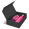 A pink drink bottle and a pink cup inside a black gift box, featuring a logo.