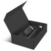 A black vacuum gift set featuring a drink bottle and a cup, presented in a sleek black box.