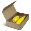 A yellow vacuum drink bottle and cup presented in a rectangular cardboard gift box.