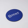 A round, blue coaster with a black underside and a white branding logo.