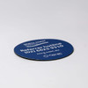 A round blue coaster with a black underside, featuring a logo and contact details.