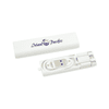 A white travel kit containing neatly rolled charging cables, enclosed in a matching case with a logo.