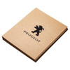 A brown kraft folder featuring a black logo of a lion and the word "PEUGEOT".