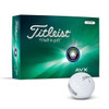 A white Titleist AVX golf ball next to its green and blue packaging featuring a logo.