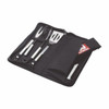 A 5-piece BBQ and apron set featuring stainless steel utensils in a black carrying case.