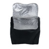 A black picnic basket with a silver insulated lining, featuring a pocket at the back. Includes a logo.