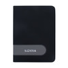 A sleek black compendium with a grey accent, featuring a logo on the front. Ideal for office and business use.