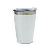A drink bottle with a white exterior and stainless steel band, featuring a clear lid and an airtight seal.