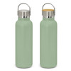 A drink bottle in a soft mint green colour with a stainless steel lid and a wooden top. Features a logo.