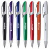 A collection of metal pens in black, purple, blue, green, red, orange, and white with silver accents, each featuring a logo.