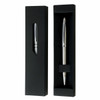 A sleek black gift box with a window, containing a silver pen, featuring a logo.
