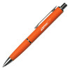 An orange metal pen with a textured grip and a clip for attachment, featuring a logo on the barrel.