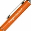 An orange metal pen featuring a clip and a logo on the barrel.