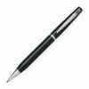 A black metal pen with a silver clip and accents, featuring a sleek and modern design.