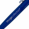 A blue plastic pen with a silver clip and a logo on the body. 