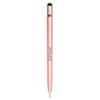 A metal pen in a rose gold colour with a stylus tip at one end and a branding logo.
