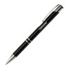 A metal pen featuring a sleek black design with silver accents and a clip, branded with a logo.