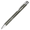 A metal pen in olive green with chrome accents, featuring a branding logo.