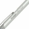 A silver metal pen with a sleek design and a clip, featuring a logo.