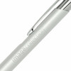 A metal pen with a sleek silver body and a shiny clip, featuring a logo on the barrel.