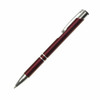 A metal pen in a burgundy colour with silver accents and a clip, featuring a logo on the barrel.