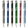 A selection of metal pens in silver, blue, black, green, red, and a pen with a logo.