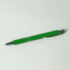 A metal pen featuring a vibrant green body and silver accents. It includes a branding logo.