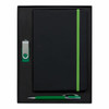 A black notebook with a green elastic band, a green metal pen, and a green USB drive, all in a black box.