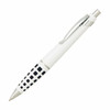 A metal pen in white and black, featuring a patterned design and a chrome clip. It has a logo on the body.