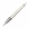 A metal pen in silver with a black patterned grip. Features a clip for easy attachment.